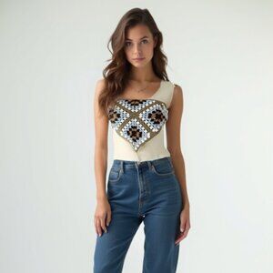 Retro 70s Crochet Kerchief Top - Earth Tone Granny Square Bodice OS